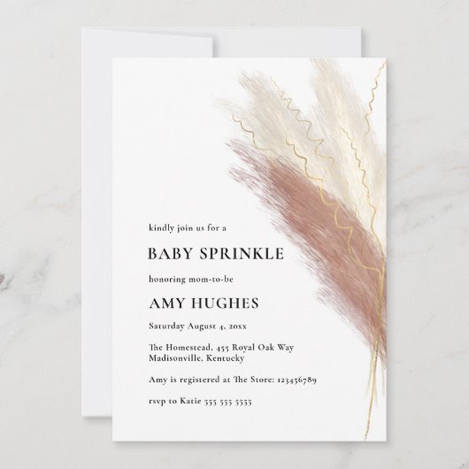 Boho Pink Gold Pampas Grass Baby Sprinkle Einladung (Vorderseite)