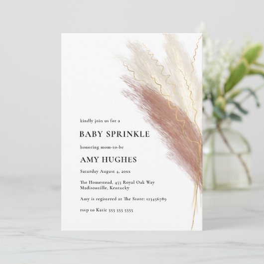 Boho Pink Gold Pampas Grass Baby Sprinkle Einladung (Stehend Vorderseite)