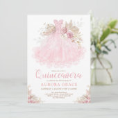 Boho Pink Gold Quinceañera Princess Dress Birthday Einladung (Stehend Vorderseite)