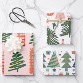 Boho Pink Green Blue Weihnachtsbaumen Urlaub Geschenkpapier Set