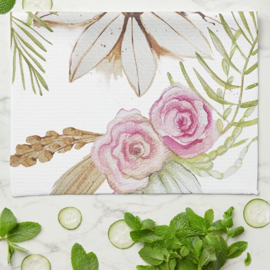 Boho Pink Green Brown White Floral Trendy Geschirrtuch (Gefaltet)