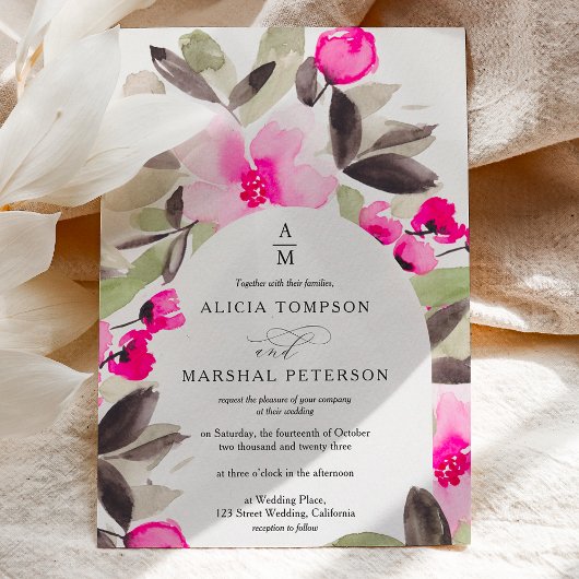 Boho pink green floral watercolor wedding einladung