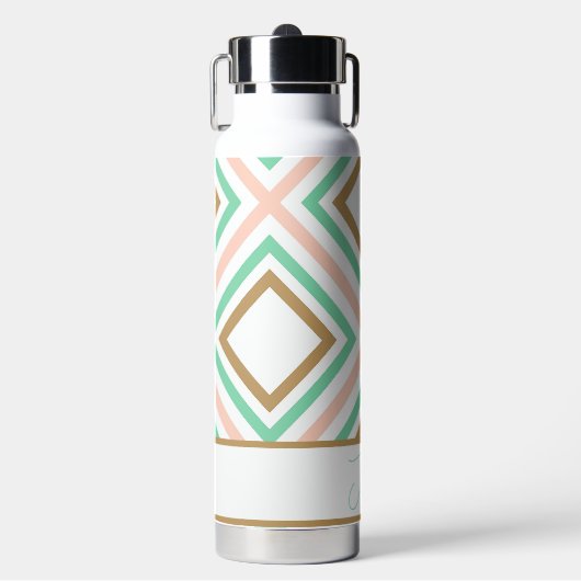 Boho Pink Green Gold Geometrie Wasserflasche Trinkflasche (Vorderseite)