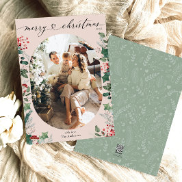 Boho Pink Green Oval Foto Frohe Weihnachtskarte Feiertagskarte