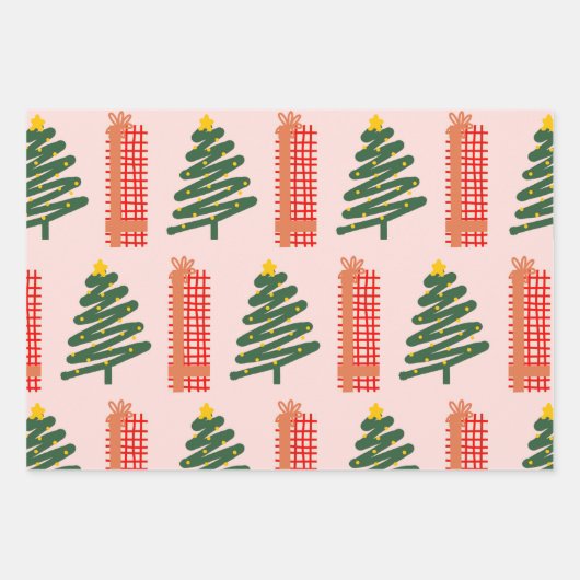 Boho Pink Green Red Christmas Trees Urlaub Geschenkpapier Set (Vorderseite 3)
