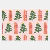 Boho Pink Green Red Christmas Trees Urlaub Geschenkpapier Set (Vorderseite)