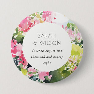 Boho Pink Green Tropical Bougainvillea Wedding Button