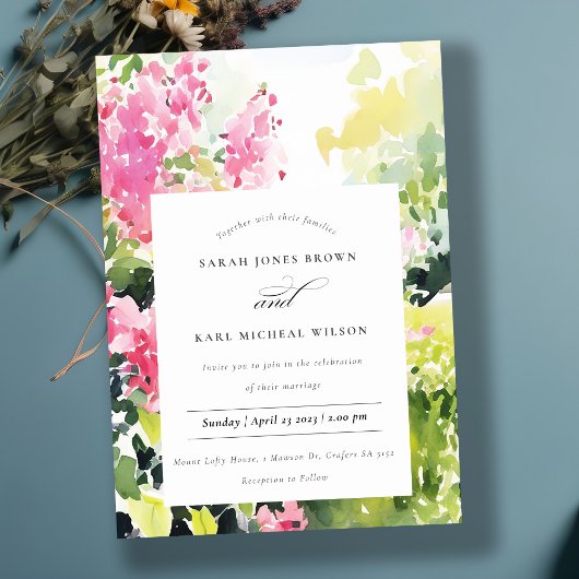 Boho Pink Green Tropical Bougainvillea Wedding Einladung