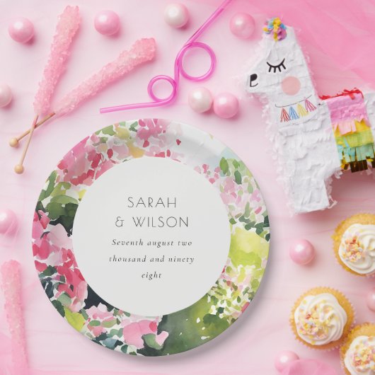 Boho Pink Green Tropical Bougainvillea Wedding Pappteller (Party)