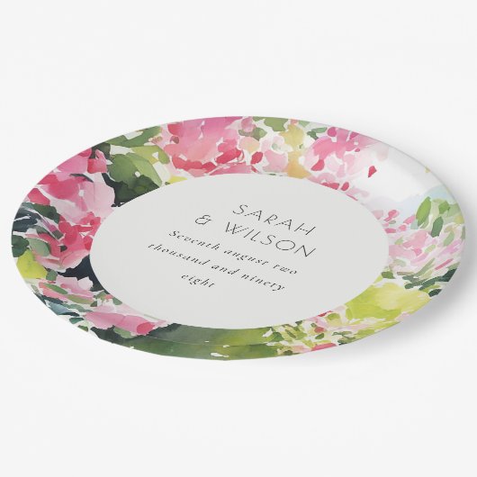 Boho Pink Green Tropical Bougainvillea Wedding Pappteller (Schrägansicht)