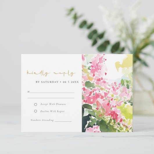 Boho Pink Green Tropical Bougainvillea Wedding RSVP Karte (Stehend Vorderseite)