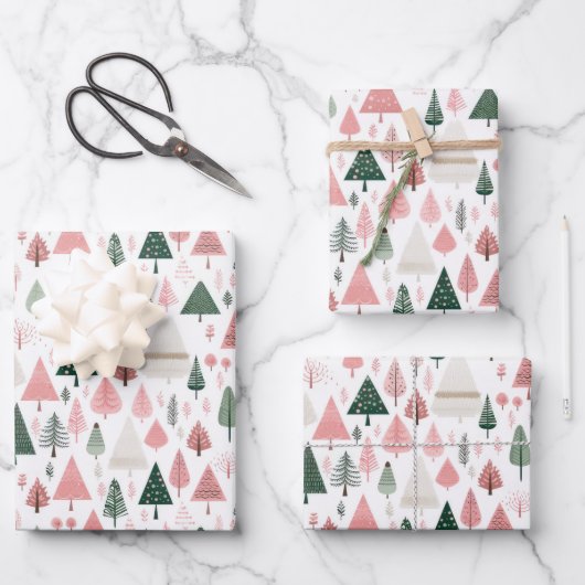 Boho Pink Green Whimsical Weihnachtsbaumen der Sai Geschenkpapier Set (Vorderseite)