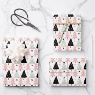 Boho Pink Grün Schwarzer Weihnachtsbaum Urlaub Geschenkpapier Set