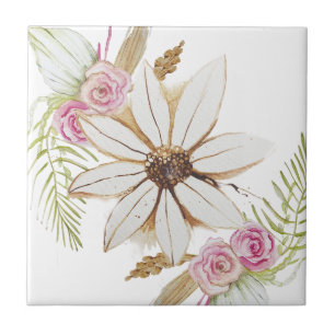 Boho Pink Grün Weiß Braun Florales Dekoratives Fliese