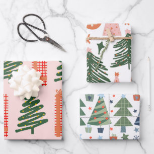 Boho Pink Grüne Blaue Weihnachtsbäume Feiertag Geschenkpapier Set