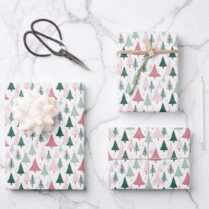 Boho Pink Grüne Weihnachtsbäume Feriensaison Geschenkpapier Set