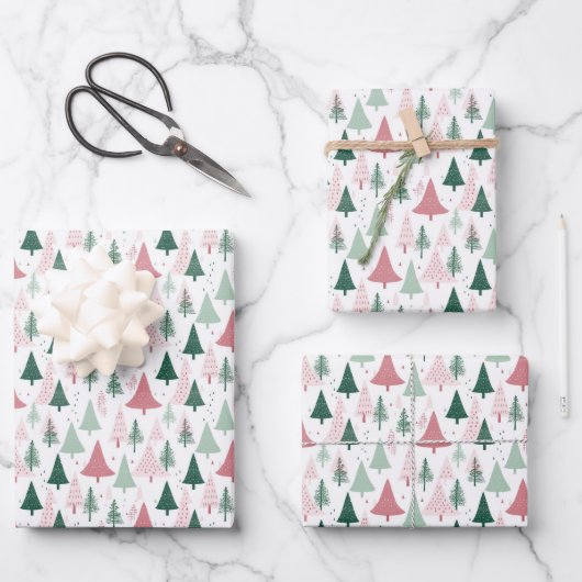 Boho Pink Grüne Weihnachtsbaumen Urlaub Saison Geschenkpapier Set (Vorderseite)
