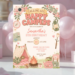 Boho Pink Happy Campers Mädchen-Geburtstag Einladung