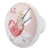Boho Pink Heart Feathers Daisy Marble Pattern Keramikknauf (Rechts)