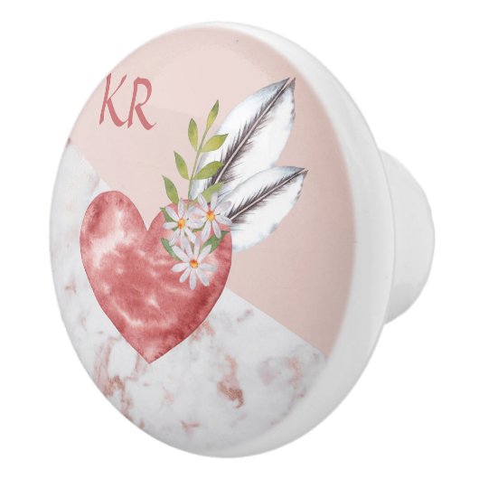 Boho Pink Heart Feathers Daisy Marble Pattern Keramikknauf (Rechts)