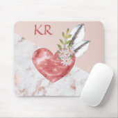 Boho Pink Heart Feathers Daisy Marble Pattern Mousepad (Mit Mouse)