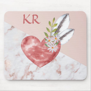 Boho Pink Heart Feathers Daisy Marble Pattern Mousepad