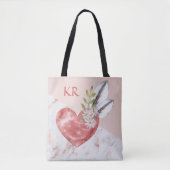 Boho Pink Heart Feathers Marble Pattern Initials Tasche (Vorderseite)