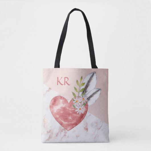 Boho Pink Heart Feathers Marble Pattern Initials Tasche (Vorderseite)