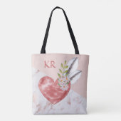Boho Pink Heart Feathers Marble Pattern Initials Tasche (Rückseite)