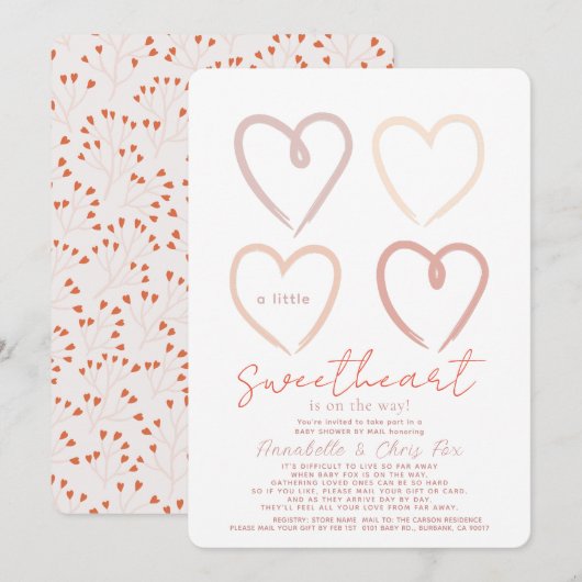 Boho Pink Hearts Sweetheart Baby Shower by Mail Einladung (Vorne/Hinten)