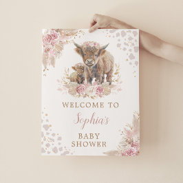 Boho Pink Highland Cow Baby Girl Dusche Willkommen Poster