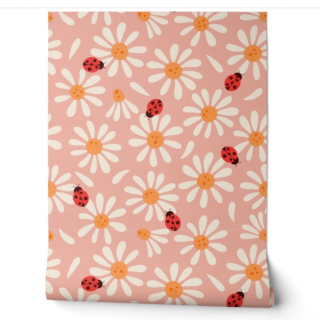 Boho Pink Ladybugs und Gänseblümchen Tapete (Abrollen)