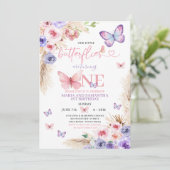 Boho Pink Lila Butterfly 1. Geburtstag Einladung (Stehend Vorderseite)