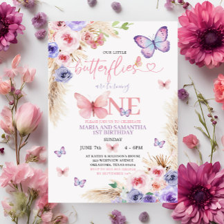 Boho Pink Lila Butterfly 1. Geburtstag Einladung