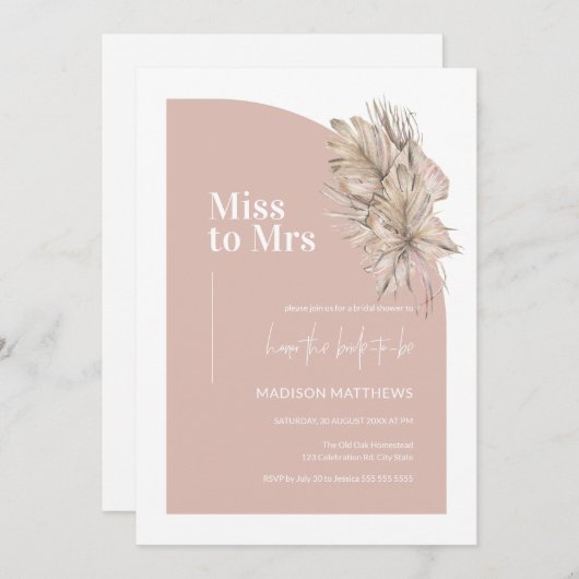 Boho Pink Minimal Arch Miss an Mrs. Brautparty Einladung (Vorne/Hinten)