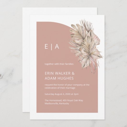 Boho Pink Minimalistisch Monogram Half Arch Weddin Einladung (Vorne/Hinten)