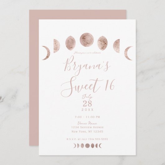 Boho Pink Moon Phassos Modernes Minimal Sweet 16 Einladung (Vorne/Hinten)