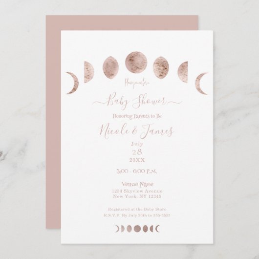 Boho Pink Moon setzt moderne Minimal Baby Dusche e Einladung (Vorne/Hinten)