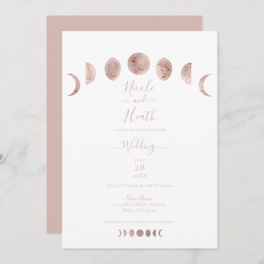Boho Pink Moon setzt moderne Minimalhochzeit ein Einladung (Vorne/Hinten)