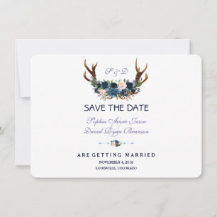 Boho Pink Navy Blau Florale Geweihe Save The Date