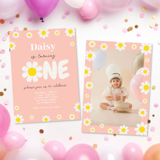Boho Pink Niedlich Daisy Blume 1. Geburtstag Foto Einladung