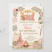 Boho Pink One Happy Camper Erster Geburtstag Einladung (Vorderseite)