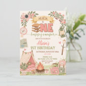 Boho Pink One Happy Camper Erster Geburtstag Einladung (Stehend Vorderseite)
