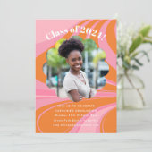 Boho Pink Orange Abstrakt Foto Graduation Party Einladung (Stehend Vorderseite)