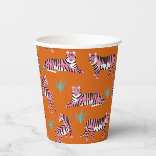 Boho Pink Orange Dschungel Tiger Tier Muster Pappbecher (Vorderseite)