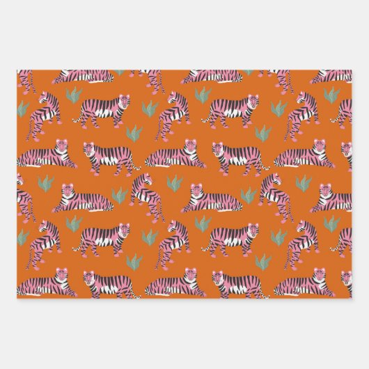 Boho Pink Orange Jungle Tiger Animal Pattern Geschenkpapier Set (Vorderseite 2)