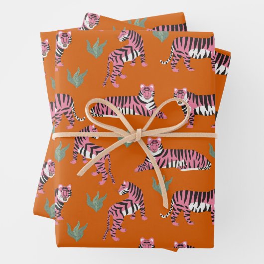 Boho Pink Orange Jungle Tiger Animal Pattern Geschenkpapier Set (Beispiel)