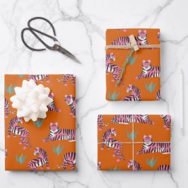 Boho Pink Orange Jungle Tiger Animal Pattern Geschenkpapier Set