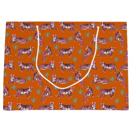 Boho Pink Orange Jungle Tiger Animal Pattern Große Geschenktüte (Vorderseite)