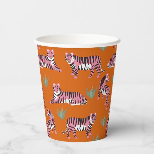 Boho Pink Orange Jungle Tiger Animal Pattern Pappbecher (Rückseite)